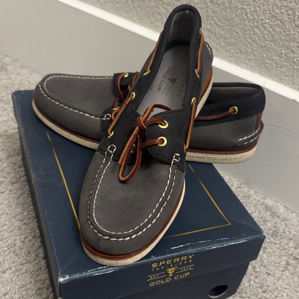 Sperry Men's Gold Cup Top Siders Charcoal/Navy and Chestnut Boat Shoes